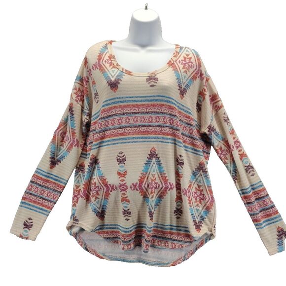 Panhandle Women Sz L Knit Long Sleeve Top Blouse Stretch Aztec Tribal Western - Picture 1 of 11